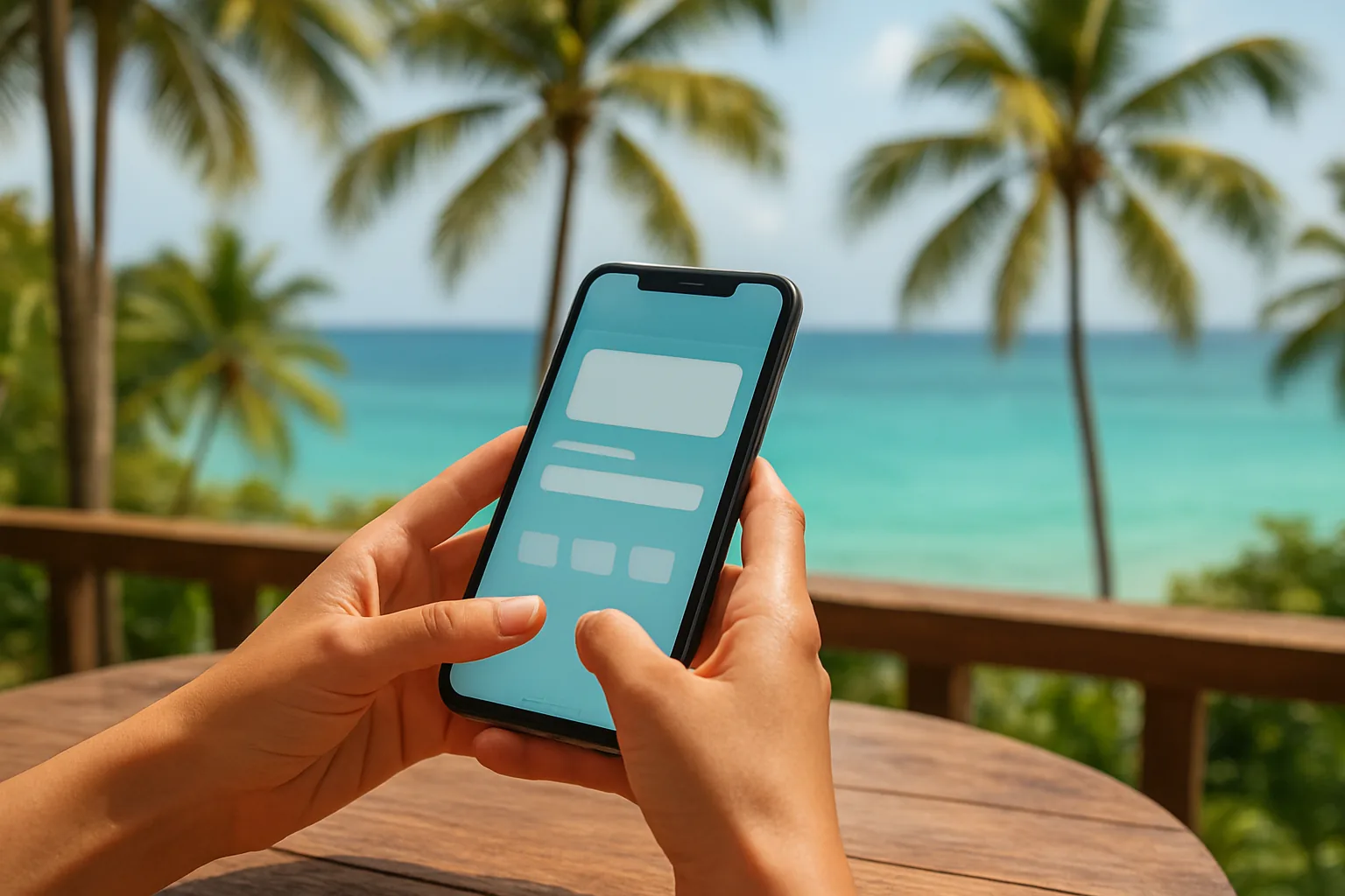 Personne utilisant une application bancaire sur smartphone en terrasse face à la mer en Martinique