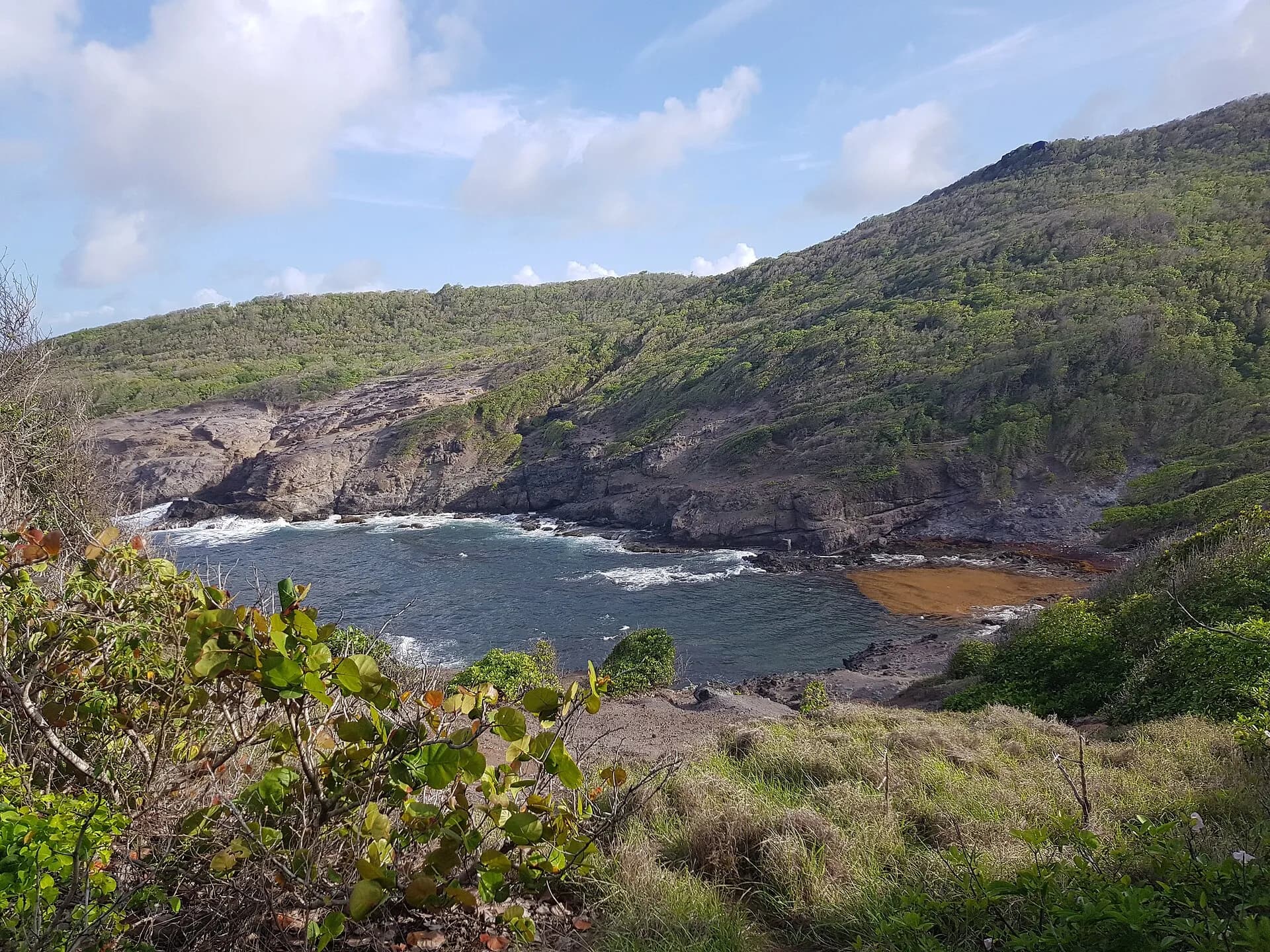 Anse rocheuse battue par les vagues à la pointe de la presqu'île de la Caravelle, à La Trinité en Martinique