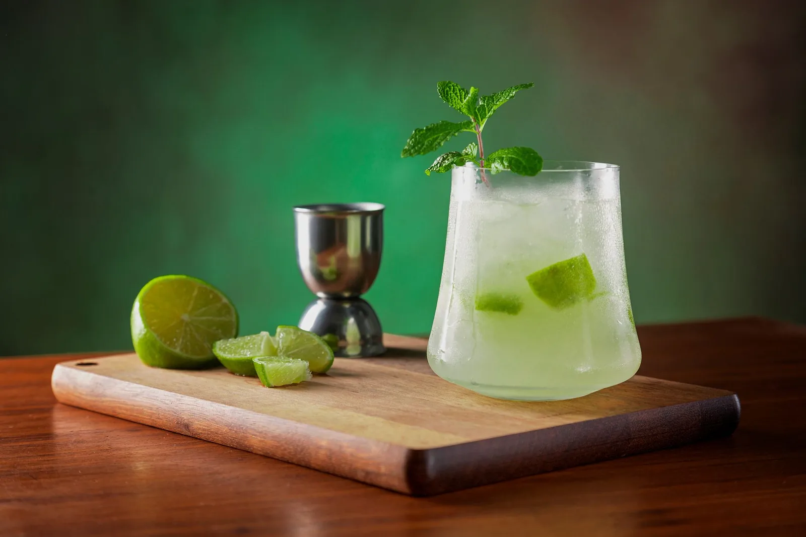 Verre au citron vert, doseur en métal et citrons verts coupés sur une planche en bois
