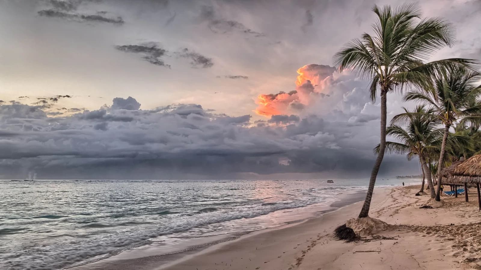 Ciel d'orage au-dessus d'une plage tropicale bordée de palmiers, mer agitée
