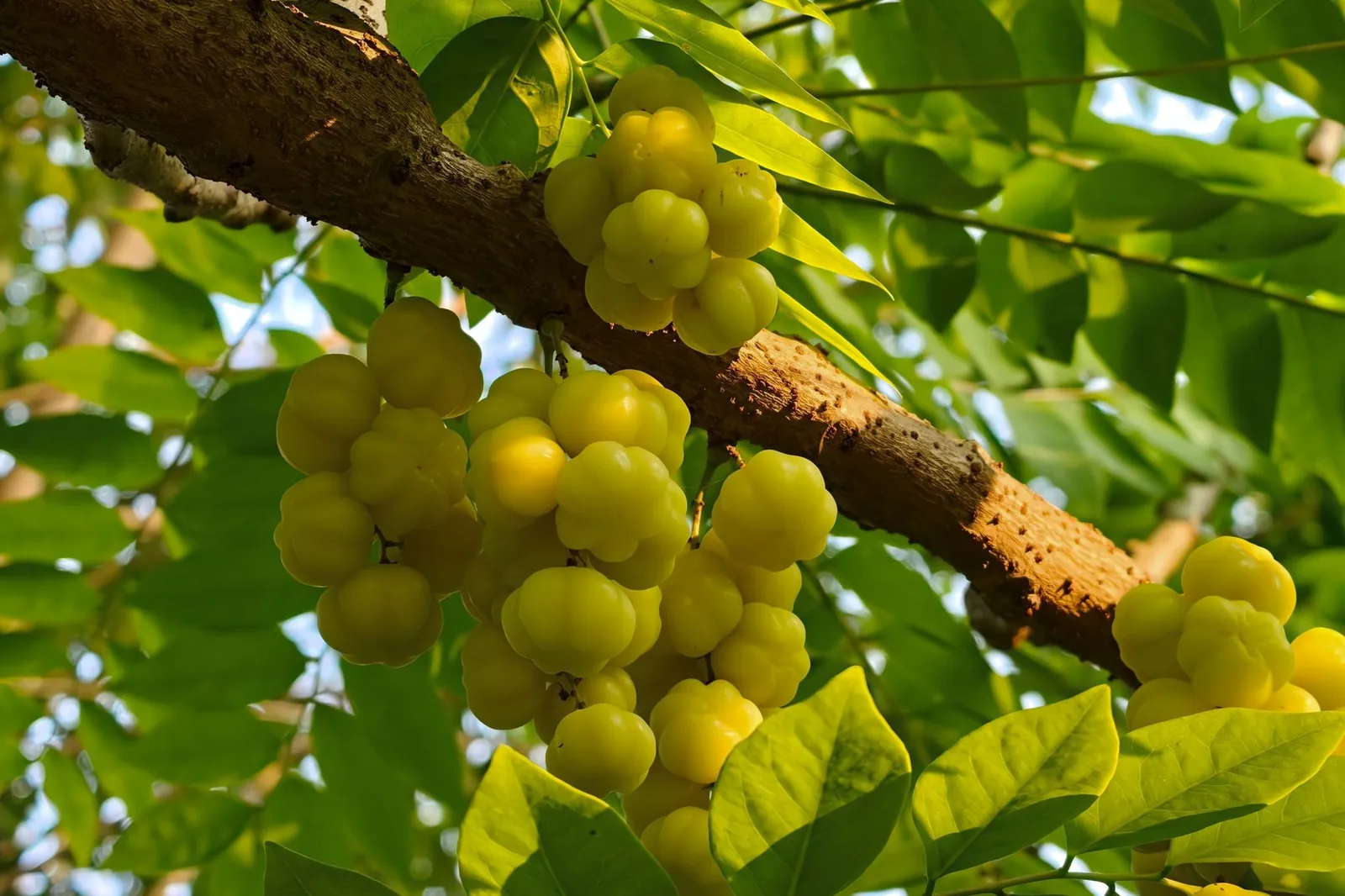 Grappes de surettes jaune pâle côtelées sur une branche de cerisier de Tahiti