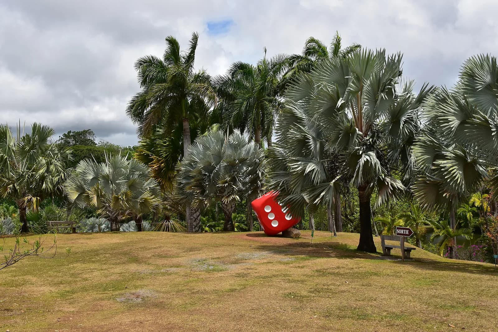 Sculpture rouge en forme de dé au milieu des palmiers du parc de l'Habitation Clément, Le François, Martinique
