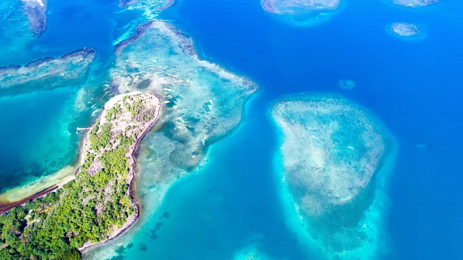 Vue aérienne des bancs de sable et des récifs coralliens des îlets du François, en Martinique, avec un îlet boisé et des fonds turquoise