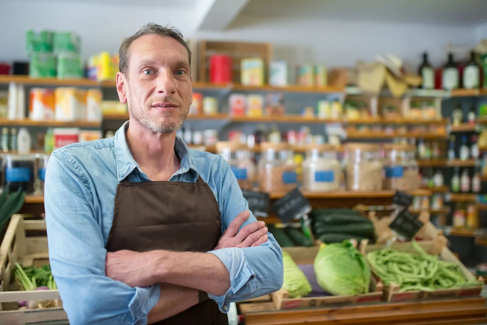 Commerçant en tablier, bras croisés, devant les étagères et les cagettes de légumes de sa boutique