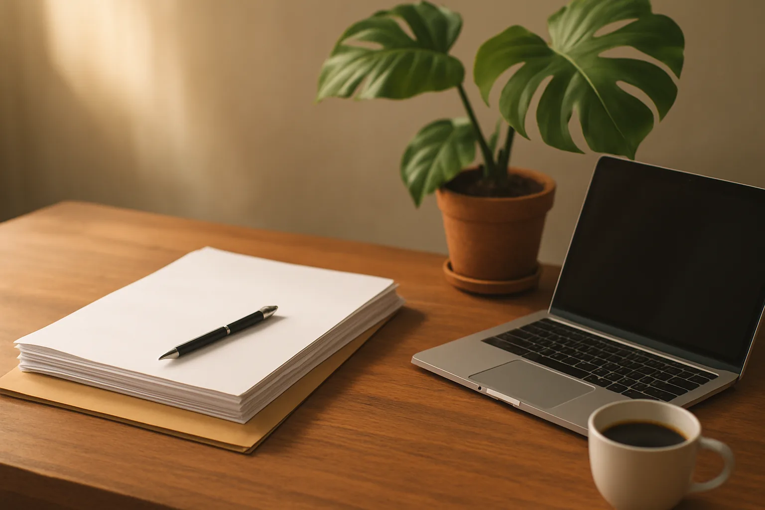 Bureau en bois avec une pile de documents, un stylo, un ordinateur portable, une tasse de café et une plante en pot