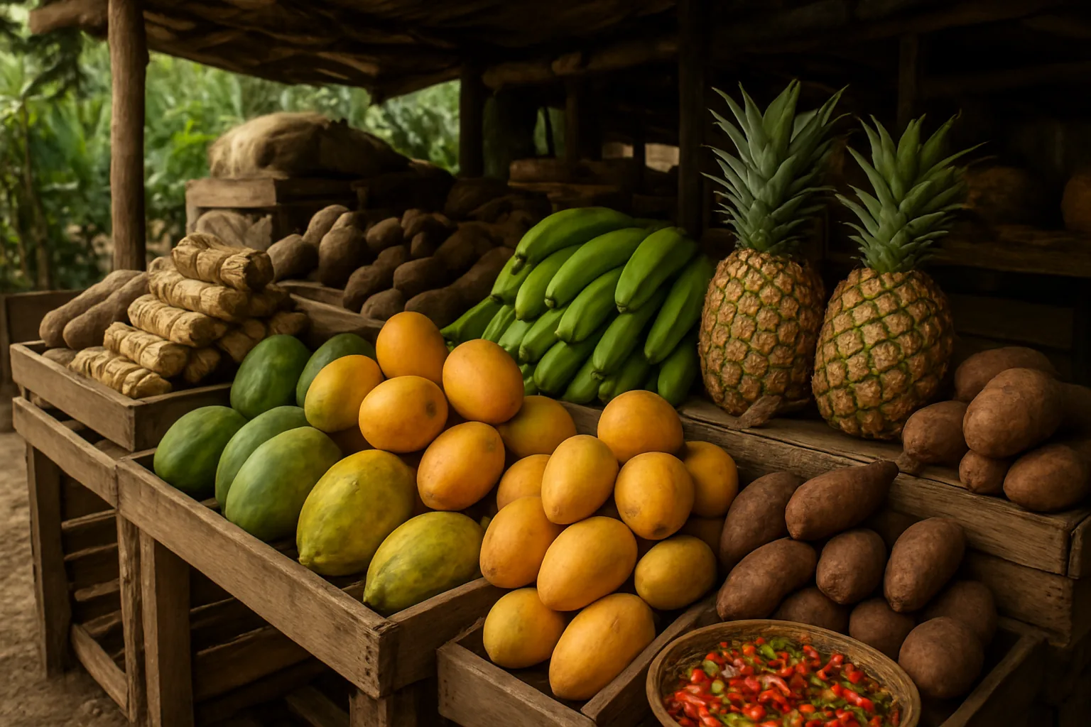 Illustration d'un étal de marché tropical avec papayes, mangues, ananas, bananes vertes, ignames et piments
