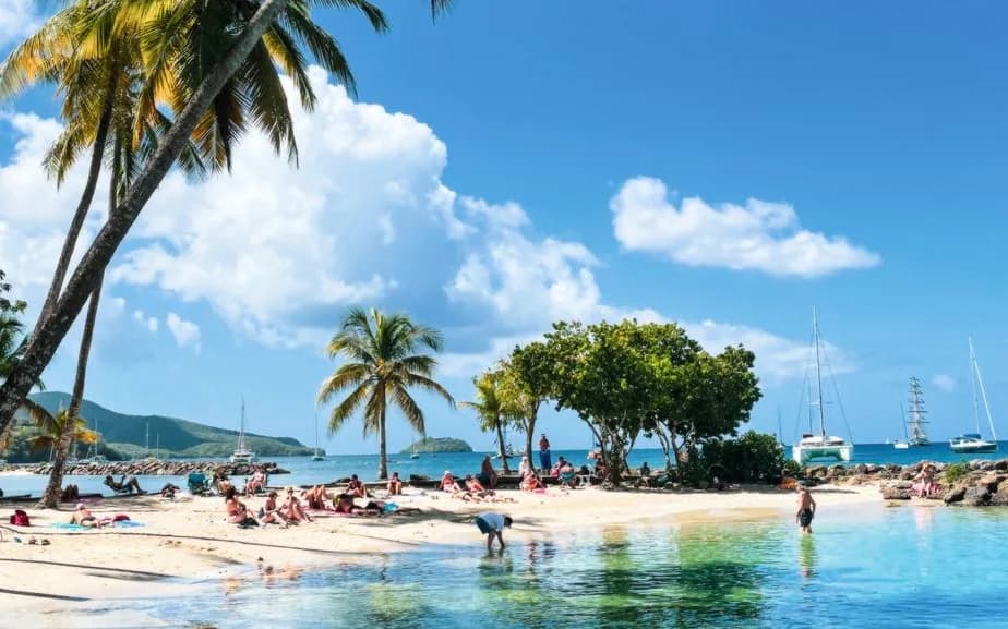 Palmiers inclinés sur une plage de sable clair, eau turquoise et voiliers au large