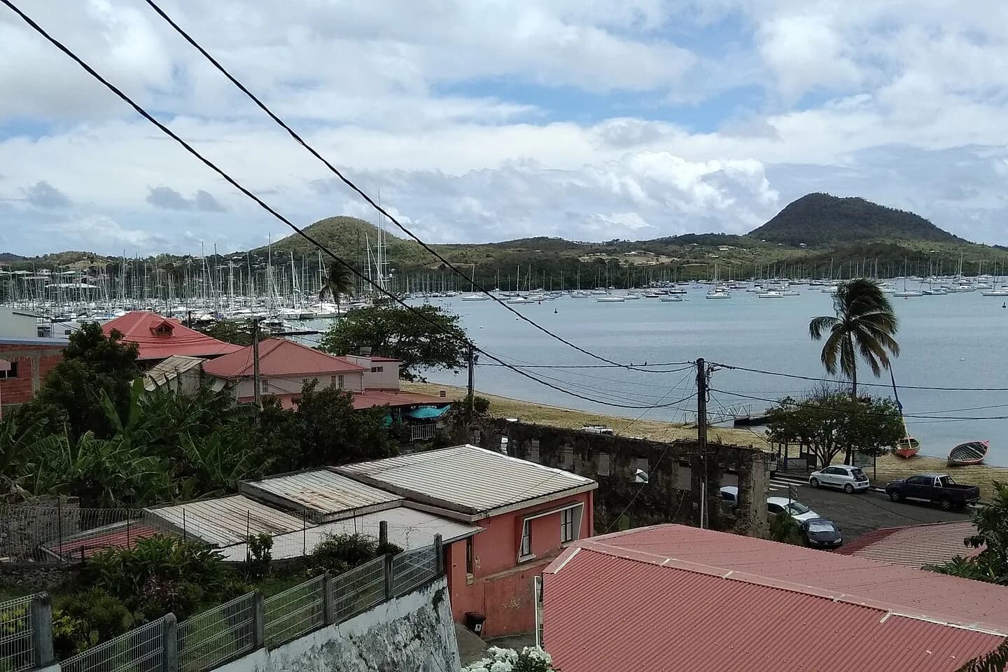 Toits du bourg du Marin et baie remplie de mâts de voiliers
