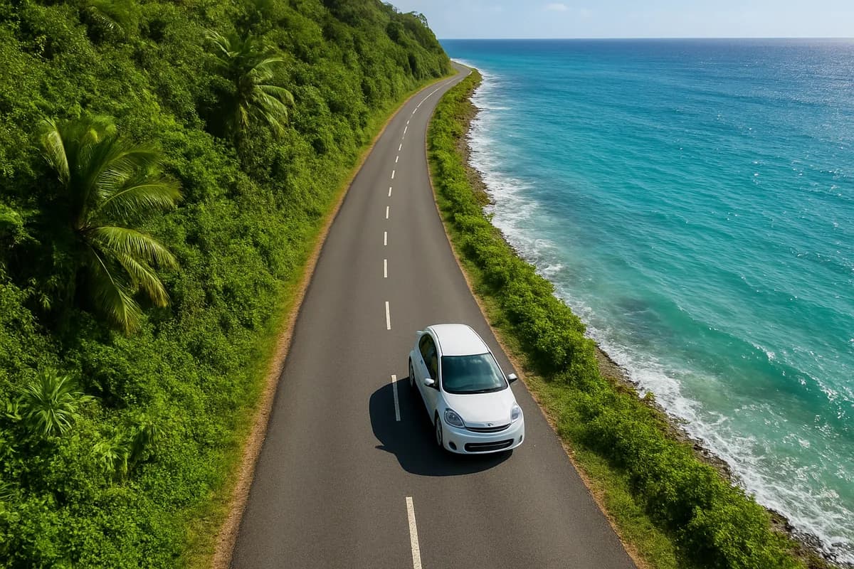 Illustration : voiture blanche sur une route côtière entre forêt tropicale et mer turquoise