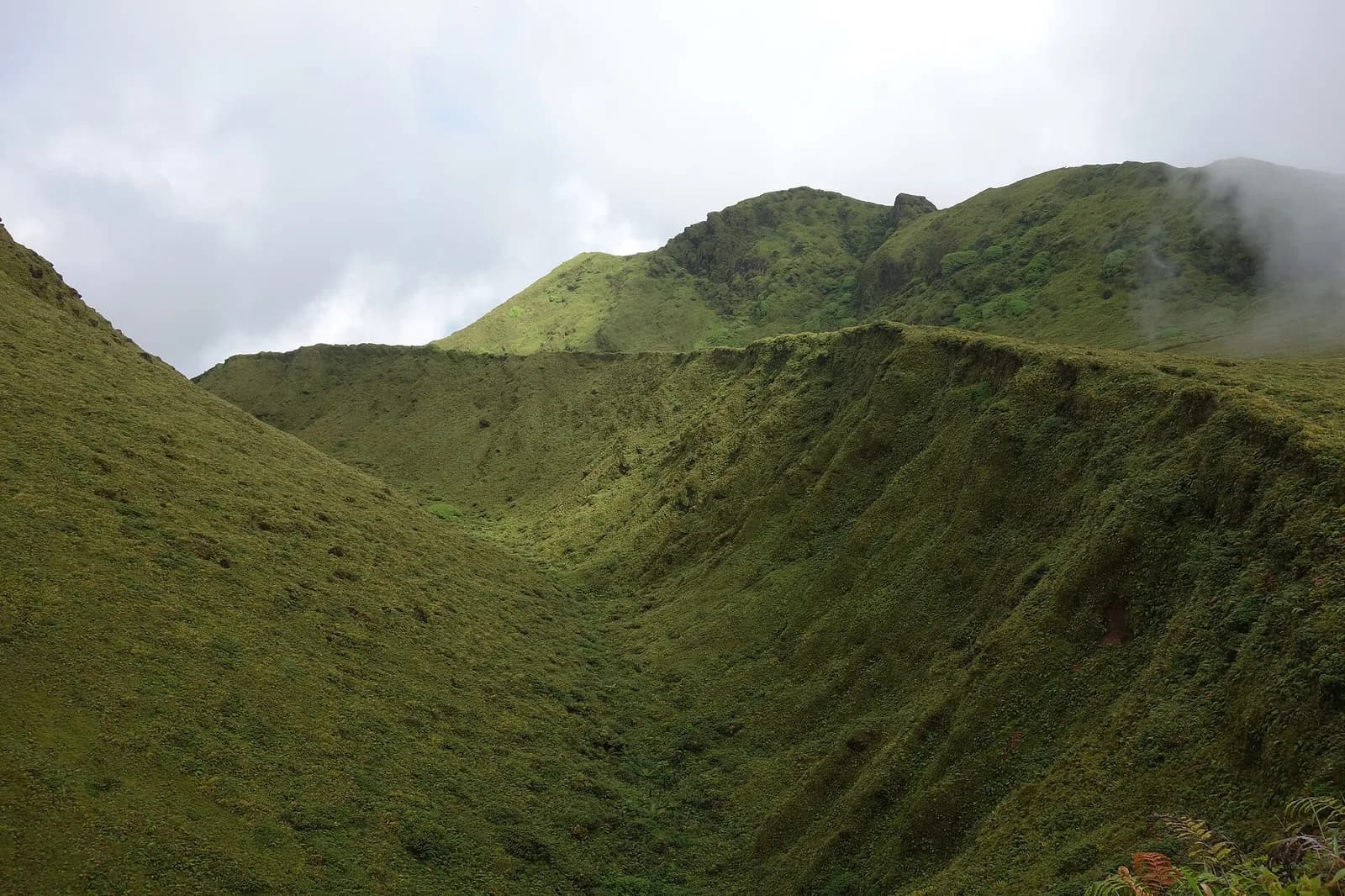 Caldeira et dômes sommitaux de la Montagne Pelée dans la brume, Martinique