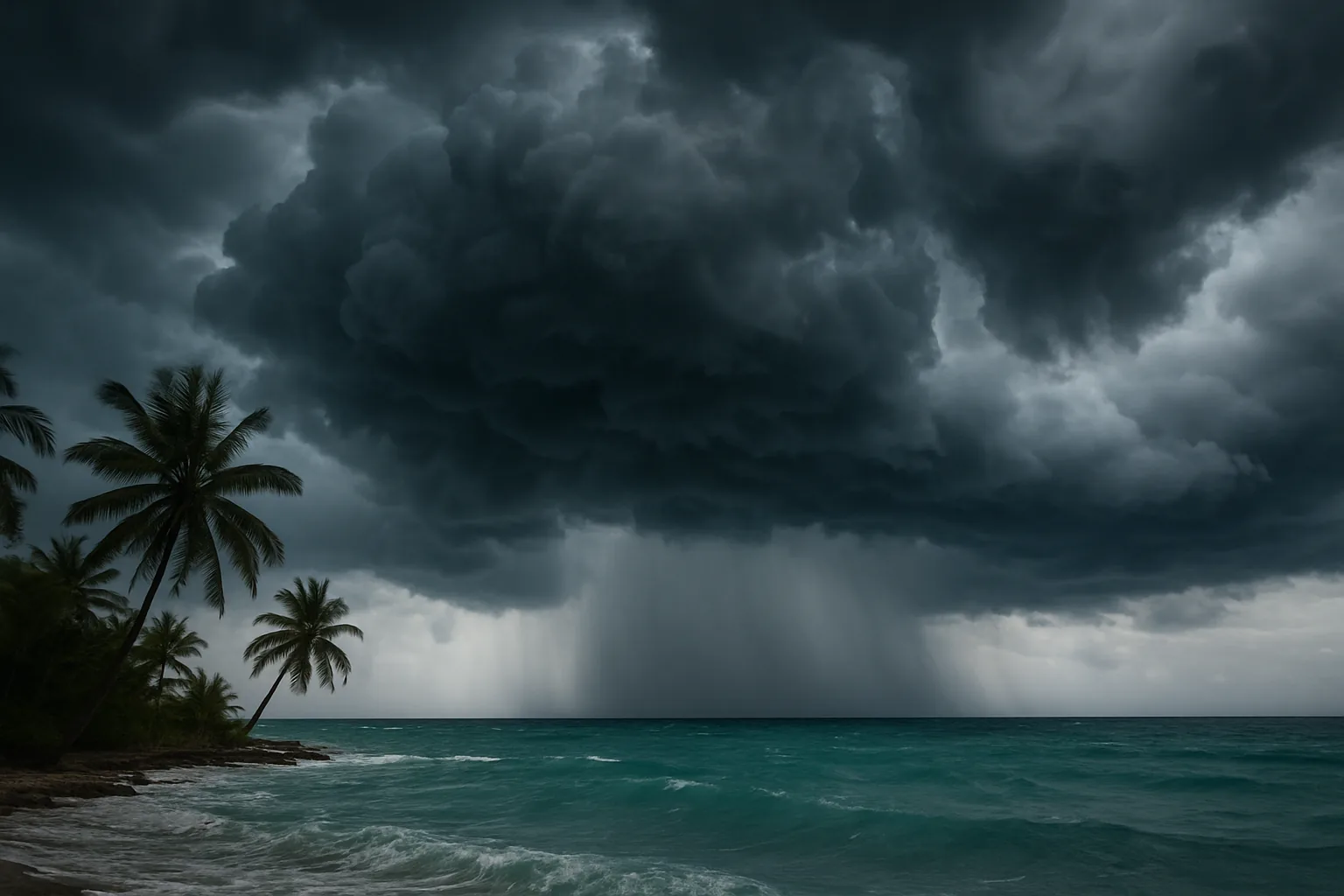 Ciel d'orage et rideau de pluie sur la mer des Caraïbes, palmiers en bord de plage