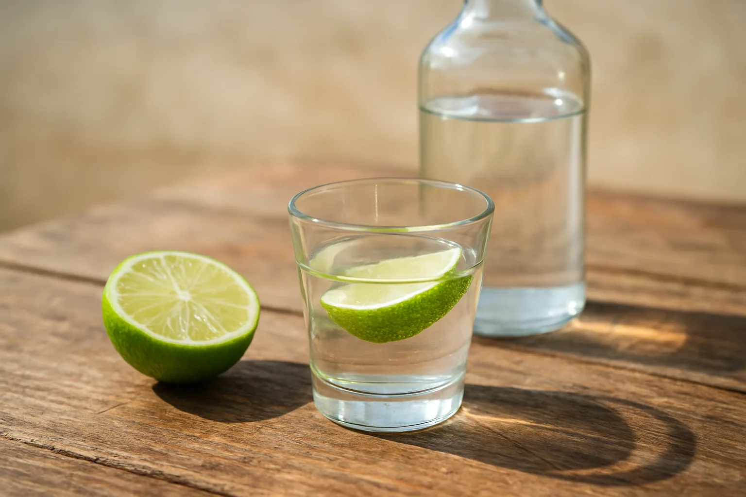 Ti-punch : verre de rhum blanc avec citron vert, demi-citron et bouteille transparente sur une table en bois