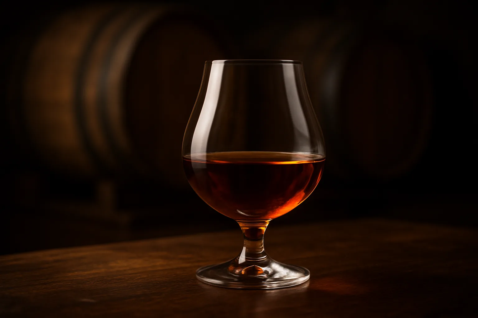 Verre de rhum vieux ambré sur une table en bois, fûts en arrière-plan flou