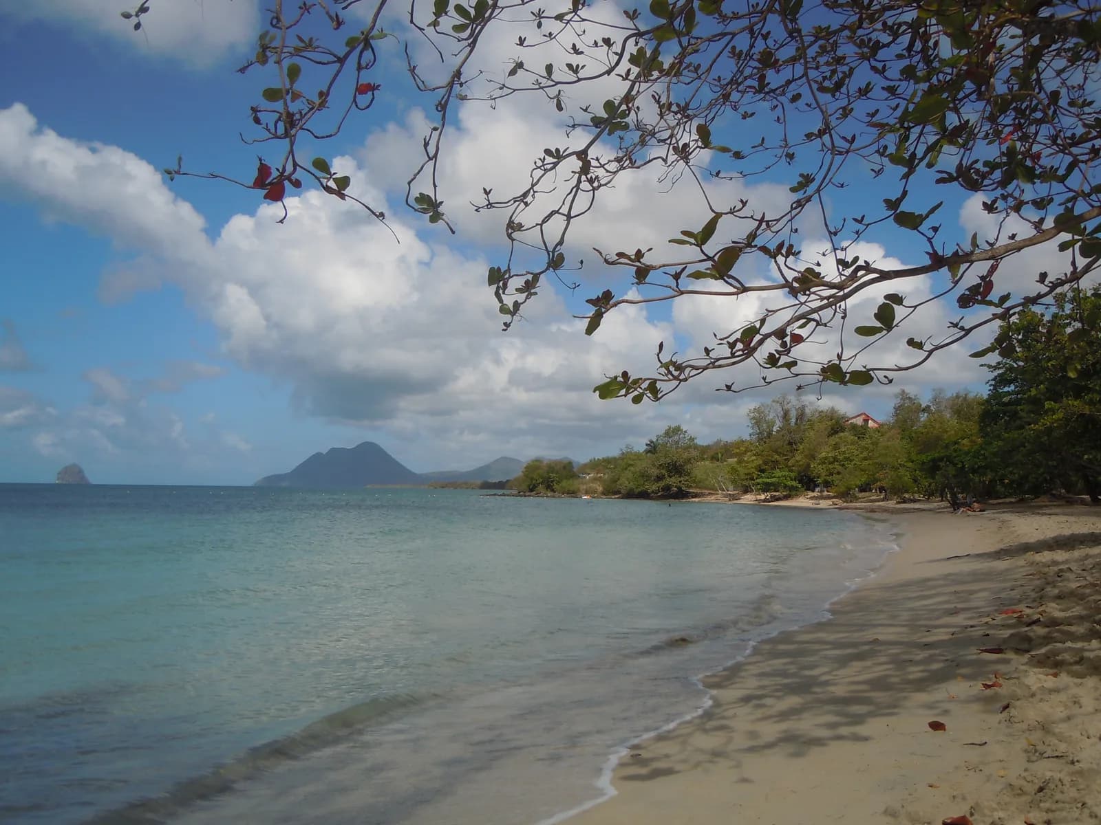 Anse Mabouya à Sainte-Luce, plage de sable clair et eau turquoise avec le Rocher du Diamant au loin, Martinique